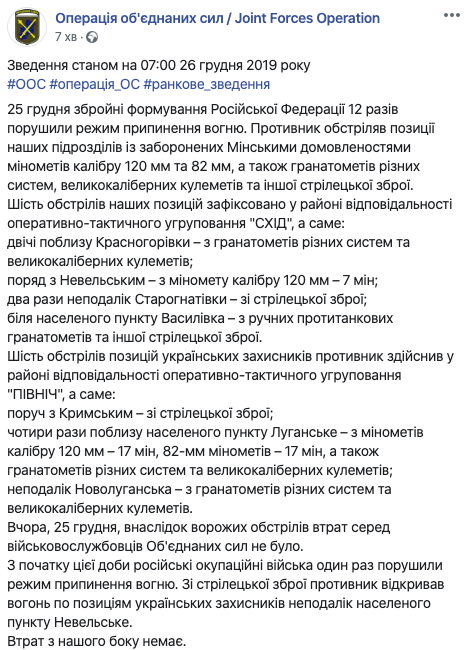 Доба на Донбасі обійшлася без втрат серед військових ООС